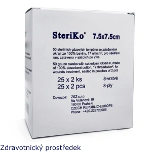 Kompresy z gázy sterilní 7,5x7,5 cm/8 vr., 25x2 ks SteriKo (kód SÚKL 5011718)